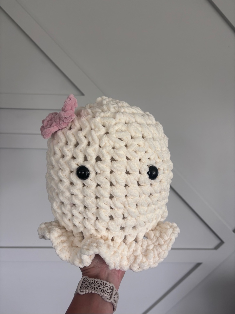 Handmade Cream Crochet Octopus Plush with Pink Bow